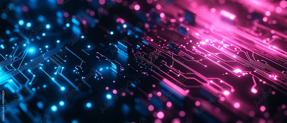 Leinwandbilder closeup of a glowing pink and blue chip circuit board, representing the technological advancements r
