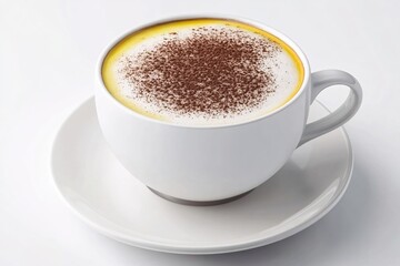 Creamy Cup of Hot Beverage with Chocolate Sprinkles on White Background