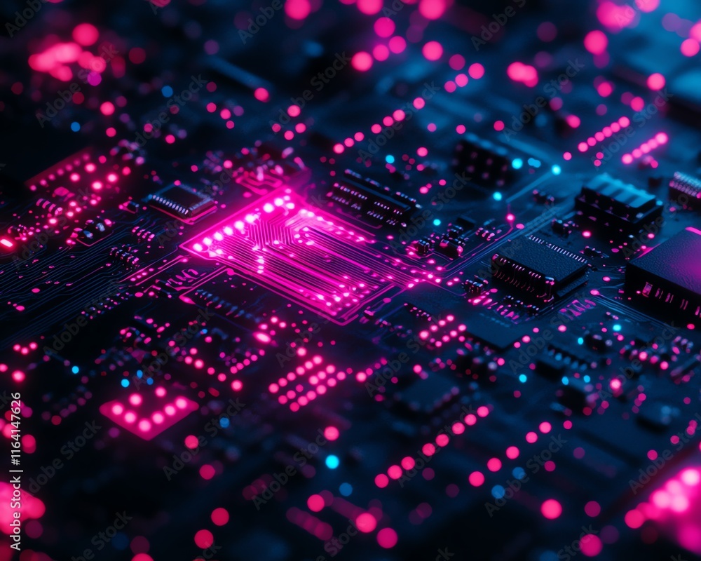 Poster Detailed view of a circuit board with glowing pink and blue chips, reflecting the cuttingedge technology and AI s transformative power across industries