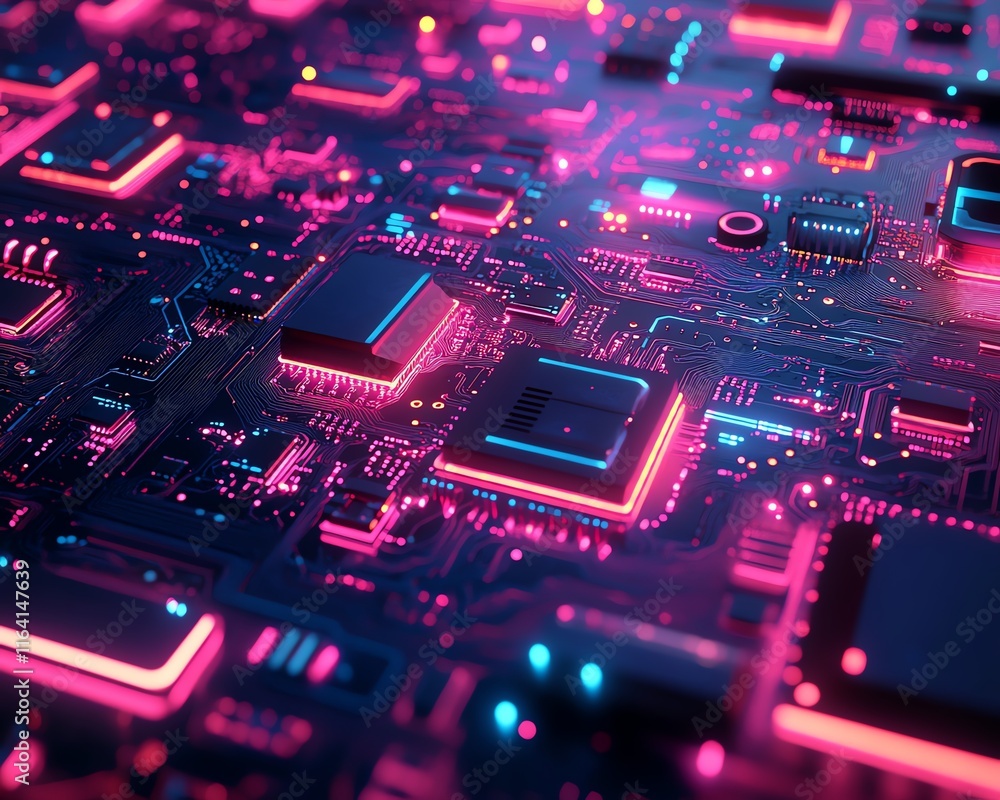 Aufkleber detailed view of a circuit board with glowing pink and blue chips, reflecting the cuttingedge techno