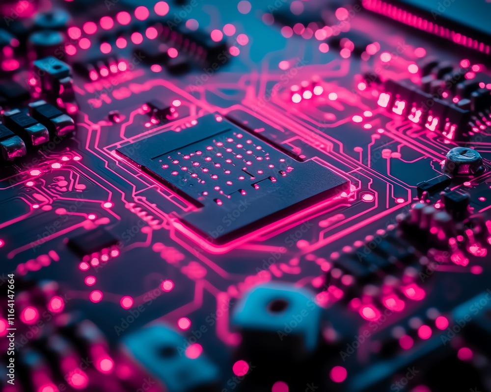 Poster detailed view of a circuit board with glowing pink and blue chips, reflecting the cuttingedge techno