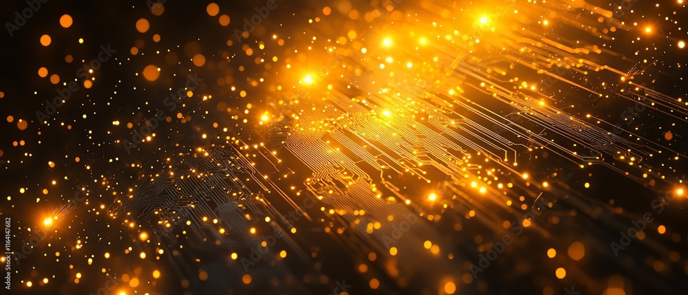 Poster Dynamic abstract background featuring glowing yellow lights connected by intricate lines on a circuit board, embodying the theme of technological progress