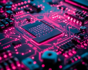 Obraz premium Detailed view of a circuit board with glowing pink and blue chips, reflecting the cuttingedge technology and AI s transformative power across industries