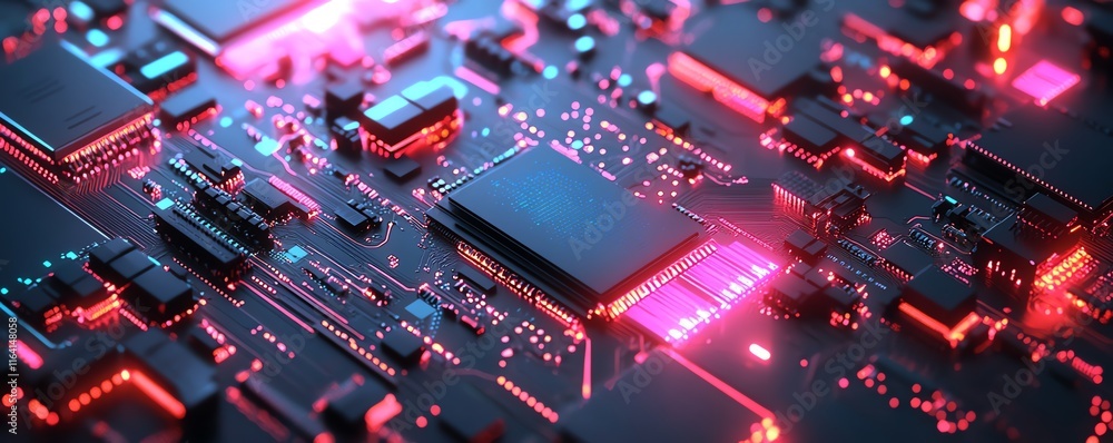 Poster futuristic circuit board with glowing pink and blue chips, representing the rapid advancements in ai