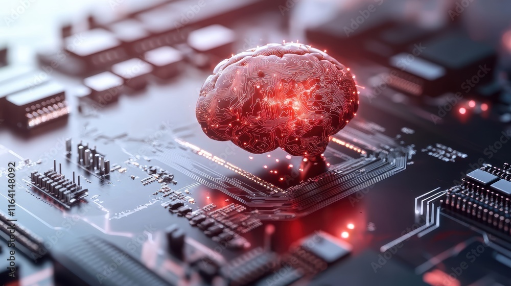 Poster a glowing brain sits atop a circuit board, symbolizing the fusion of artificial intelligence and tec