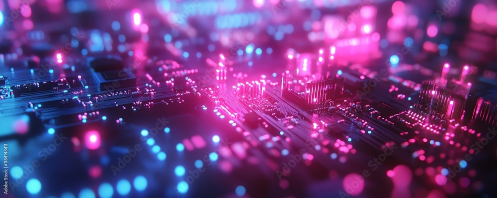 Poster highresolution closeup of a circuit board with glowing pink and blue chips, showcasing the technolog