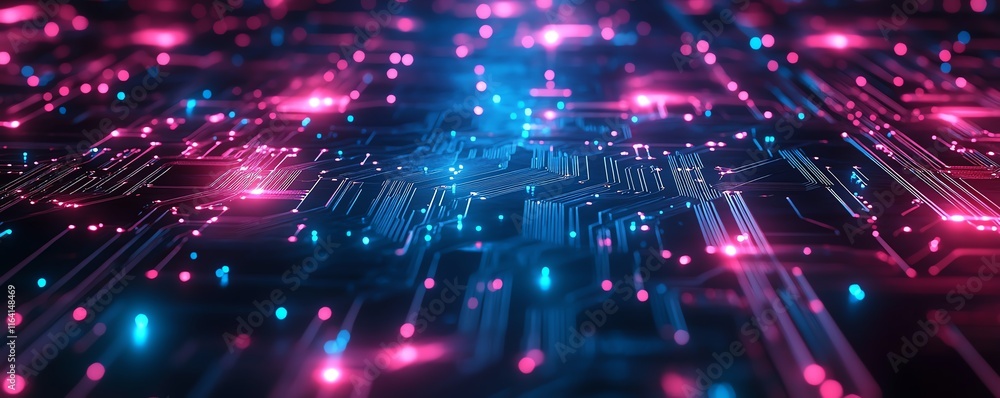 Poster highresolution closeup of a circuit board with glowing pink and blue chips, showcasing the technolog