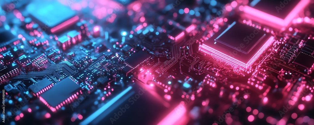 Poster highresolution closeup of a circuit board with glowing pink and blue chips, showcasing the technolog