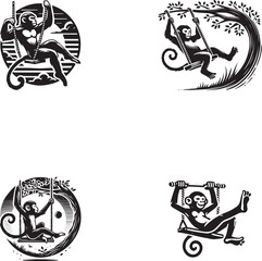 Silhouette of a Swinging Monkey in Jungle