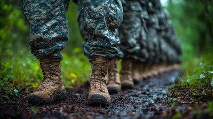 Soldiers marching through a muddy trail in a dense forest during a training exercise