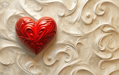 Romantic Red heart with an Ornate Design on a Beige Background Swirling Patterns
