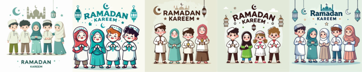 set Vector Illustration Of Muslim Kids Celebrating Ramadan in flat design style