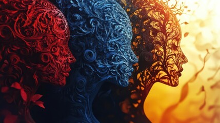 Craft a vivid composition featuring interconnected silhouettes symbolizing unity