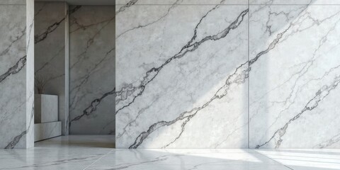 Modern minimalist interior design featuring a sleek marble wall and floor, ideal for showcasing products or creating a sophisticated ambiance.
