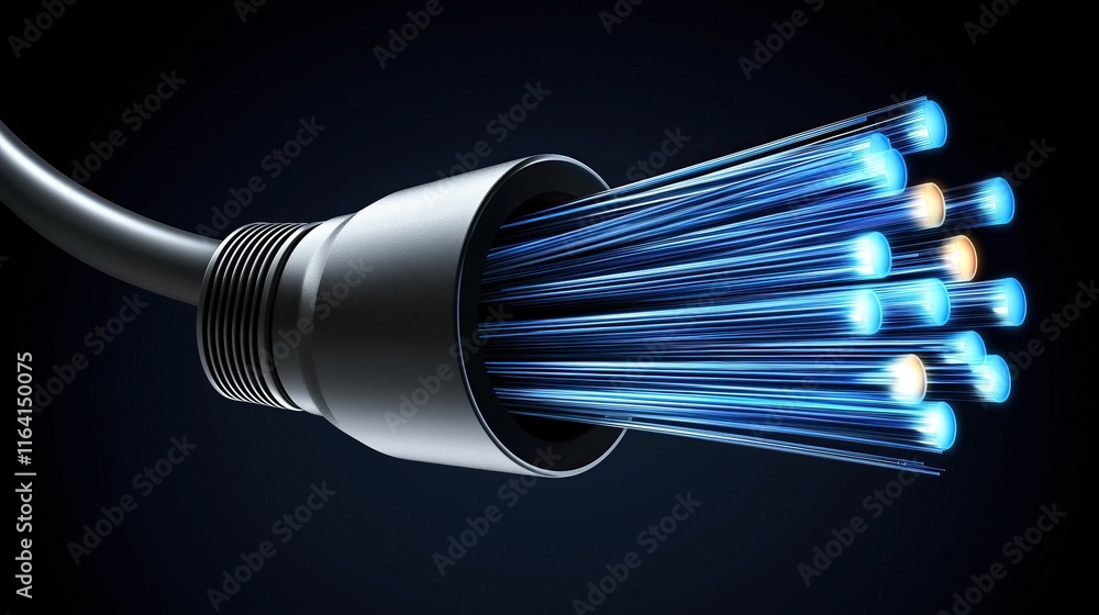 Poster fiber optic cable with glowing strands transmitting data high speed internet connection concept