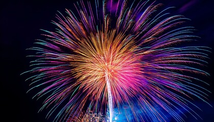 Obraz premium A colorful burst of fireworks in the night sky, lighting up the surrounding darkness with brilliance.
