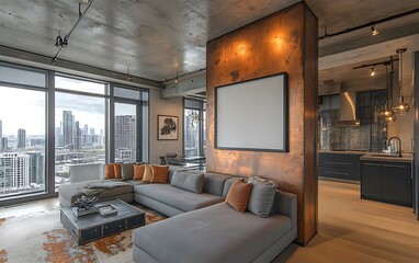 Fototapeta premium Modern apartment living room with city view, copper wall feature, and sectional sofa.