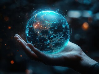 Design a holographic planet in a digital hand, portraying global impact, Futuristic, Cool tones, Captivating