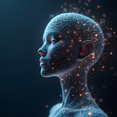 Abstract human head in profile with textured mesh surface