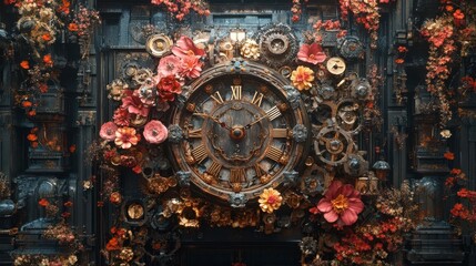 Fototapeta premium Design an elegant steampunk clock blending flowers and gears Unveil the intricate link between time, health, and fulfillment