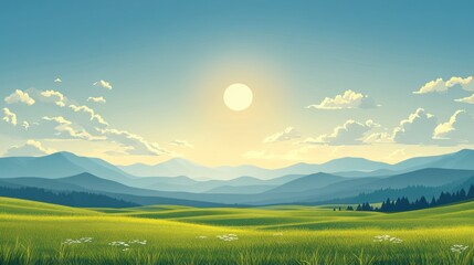Serene sunrise over rolling green hills and distant mountains. (3)