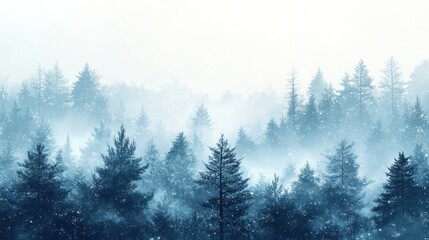 Obraz premium Misty winter forest scene with snow falling.