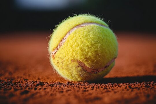 Close-up of a used tennis ball on a clay court. (2)
