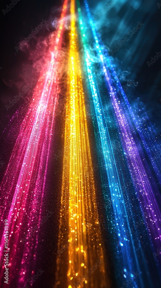 Poster vibrant multicolored light streaks illuminate dark smoky background dynamic and energetic atmosphere