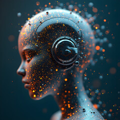 Futuristic humanoid figure bust with digital elements