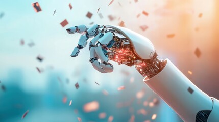 A futuristic robotic hand reaching out, illuminated by a glowing interior, surrounded by floating particles, symbolizing technology and innovation.