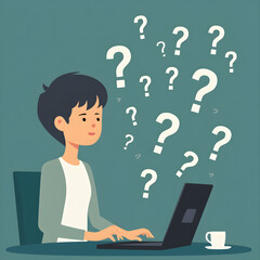 Person pondering with laptop and floating question marks