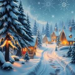 Winter wonderland with snow-covered trees and cozy cottages