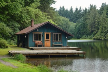 Serene log cabin retreat surrounded by lush greenery and tranquil waters in the morning light