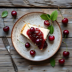 Cheese cake with cherries on a plate