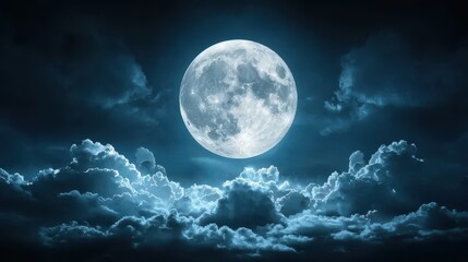 Majestic Full Moon Illuminating Dark Skies with Ethereal Clouds in a Dramatic Nighttime Scene, Capturing the Beauty of Nature and Celestial Wonders