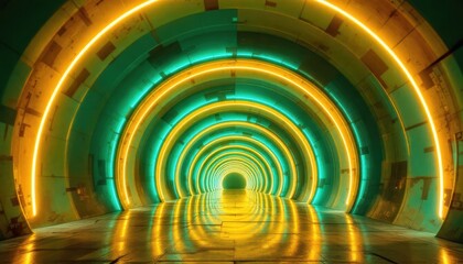 Obraz premium Futuristic Neon Tunnel: A Symphony of Yellow and Teal Lights in an Abstract Architectural Space, Reflecting on a Polished Floor, Creating a mesmerizing and vibrant digital artwork