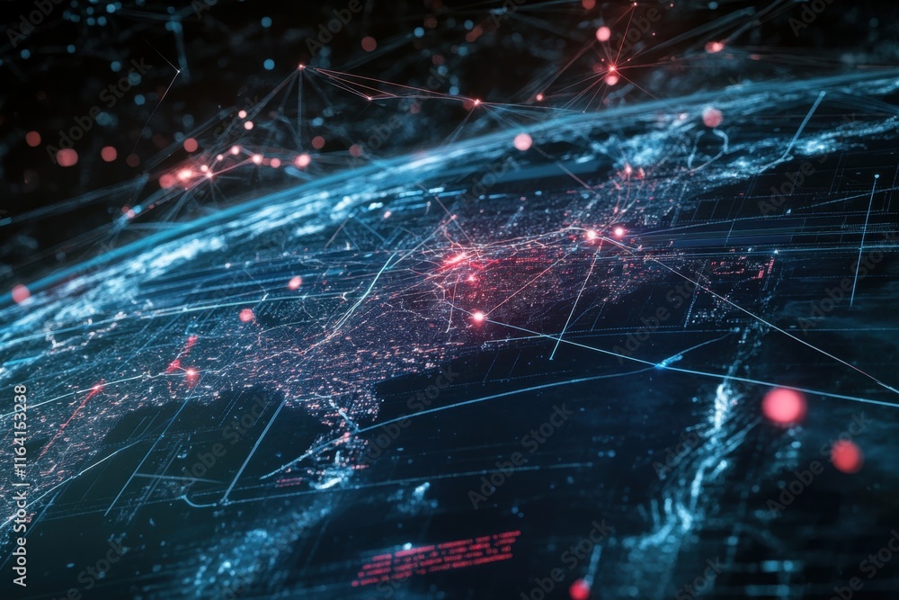 Poster visualizing global connectivity and data flow across continents at night