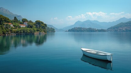 Fototapeta premium Tranquil morning by the lake with a rowboat and autumn foliage in clear blue skies