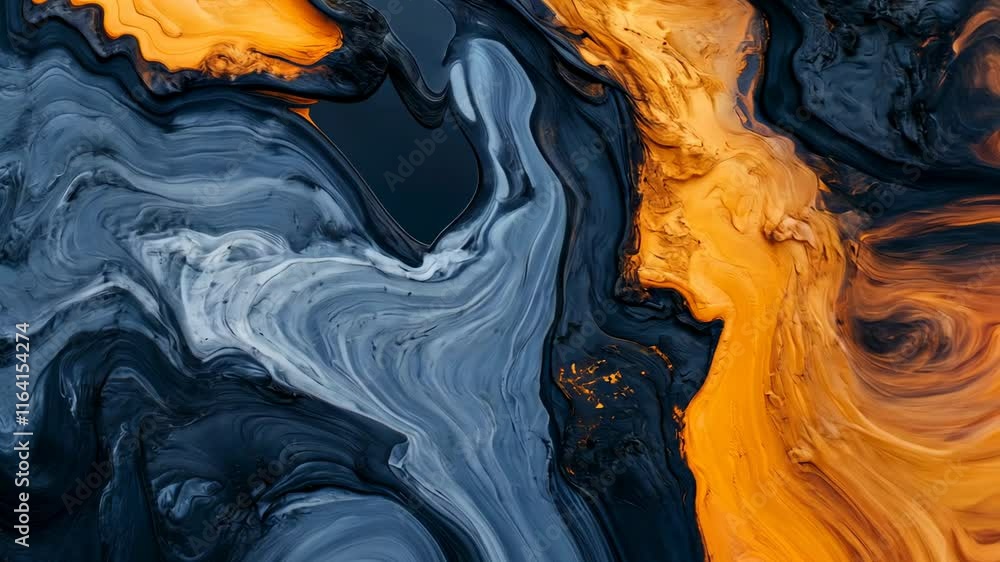 Poster abstract design featuring vibrant orange and deep blue swirling patterns in a dynamic composition