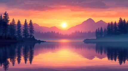 Fototapeta premium Serene sunset over calm lake and majestic mountains, reflected in still water.