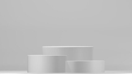 3D Cylinder 3 white pedestal podiums with layer and close up on background clean luxury style