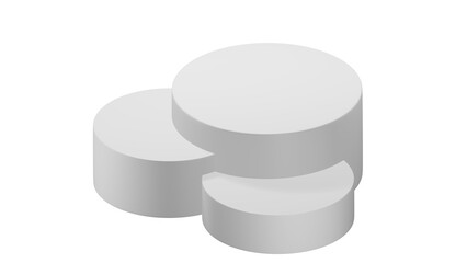 3D Cylinder 3 white pedestal podiums with layer and close up on transparent background clean luxury style