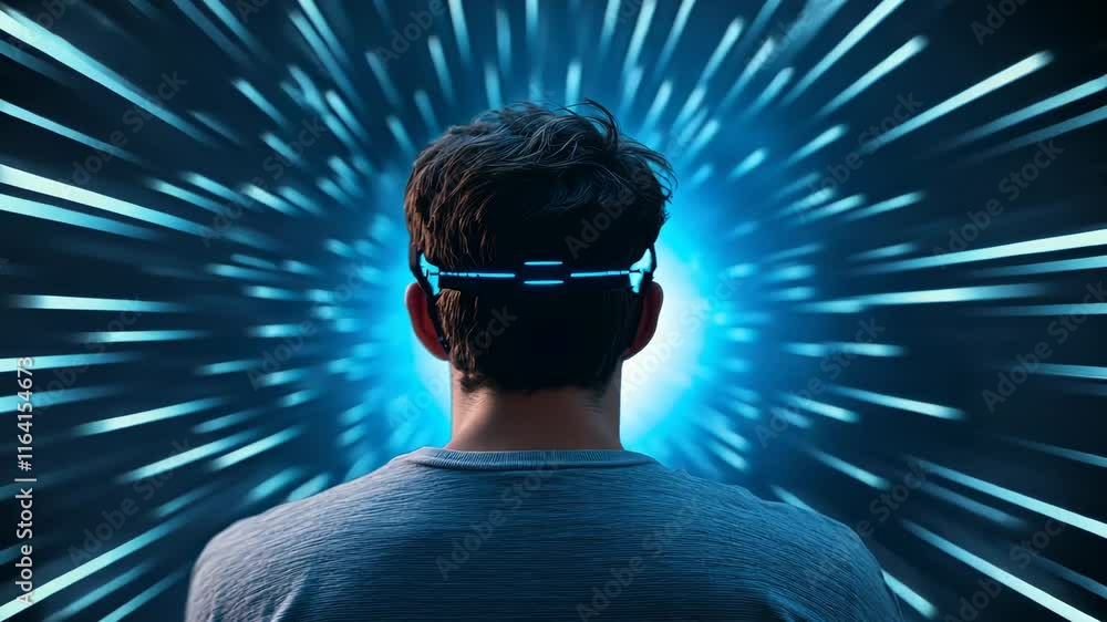Poster exploring future of technology and virtual experiences, individual engages with advanced interactive
