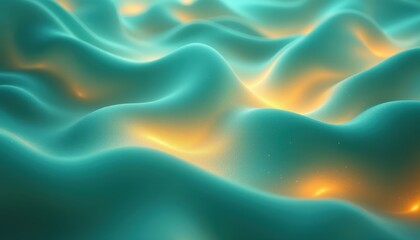 Obraz premium Abstract Teal and Gold Waves: A Serene Digital Landscape of Undulating Forms and Glowing Highlights, Evoking Calmness and Tranquility