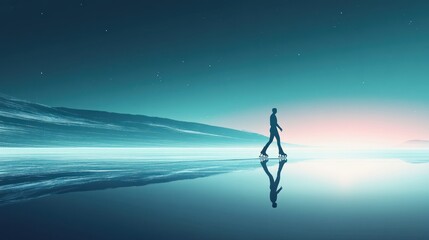 Obraz premium Solitary ice skater on a frozen lake at twilight.