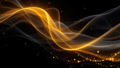 Abstract Golden Waves of Light: A Sparkling Digital Art Piece Depicting Flowing Energy and Celestial Luminescence, with a Dark Background and Glimmering Particles