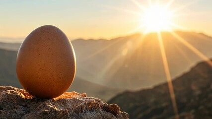 Golden egg resting on rock with breathtaking sunrise illuminating mountain landscape