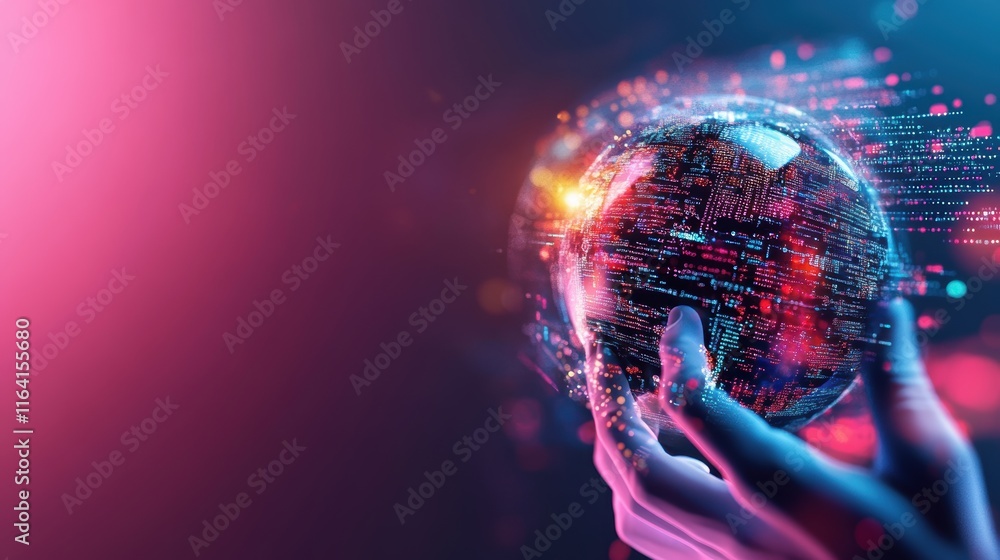 Poster a hand holds a digital globe surrounded by vibrant lights and data streams, symbolizing technology a