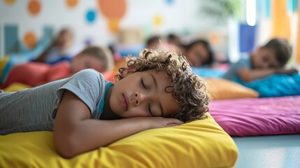 Shared Rest Area with Napping Preschoolers on Colorful Floor Mats in Daycare Classroom