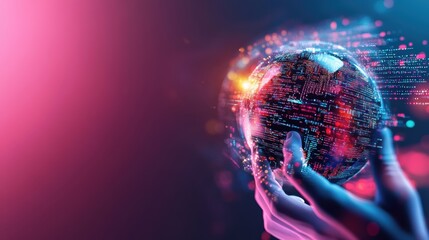 A hand holds a digital globe surrounded by vibrant lights and data streams, symbolizing technology and global connectivity.